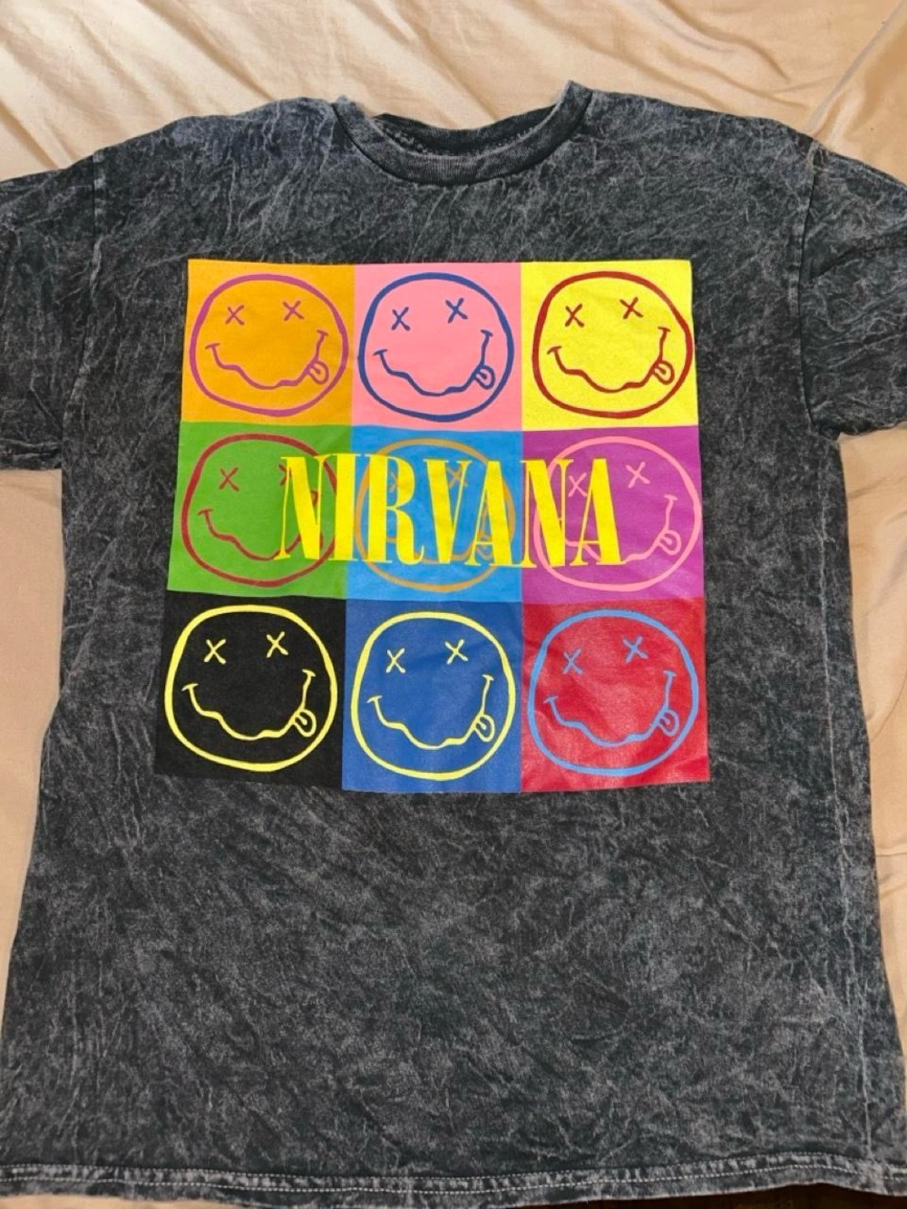 NIRVANA Black Mineral-Wash Tee with Multicolor Smiley Grid